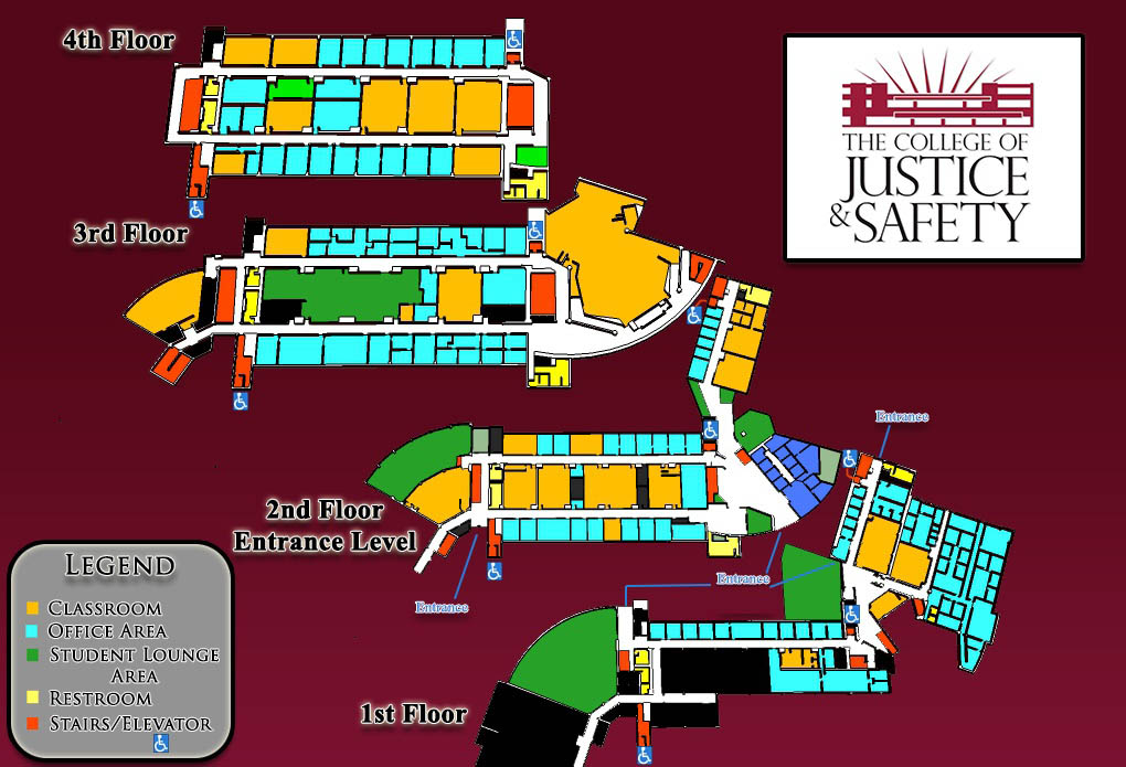 multiple floor maps with a legend box on the bottom left and college logo on top right