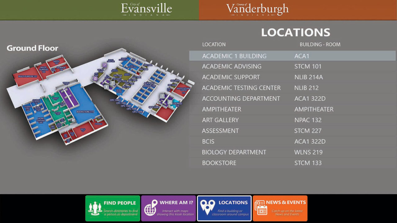 3D wayfinding map of the ground floor at Evansville & Vanderburgh with navigation bar on the bottom and locations of the floor plan listed on the right