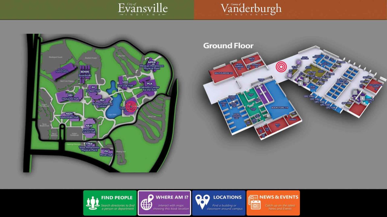 Gray background with two 3D wayfinding floor plan maps and boxes on the bottom that lead to locations, news, events, and more
