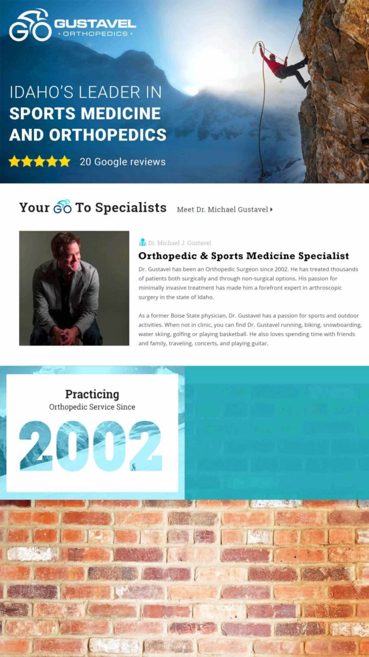 A screenshot of the Gustavel Orthopedics website with a header image and text box section below it