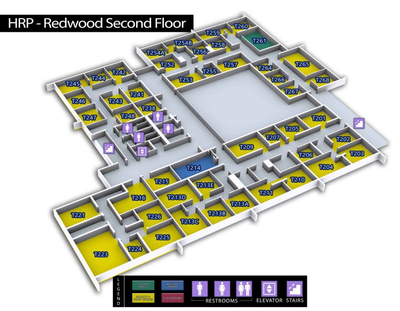 a yellow and grey 3D map with a black legend box showing all the room numbers