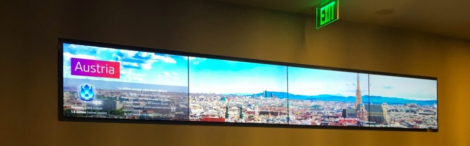 Four screen video wall on a wall with an image of an Austria city