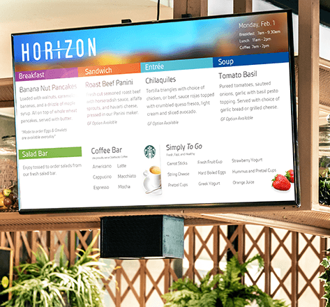 Digital Menu Display of menu items at Horizon cafe