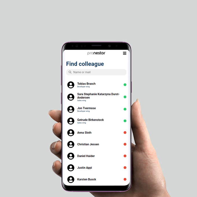 A hand holding up a phone with the Pronestor "Find Colleague" application showing available people