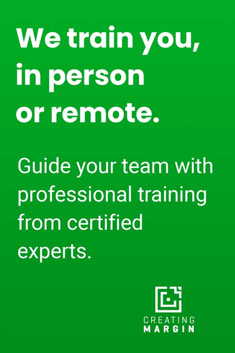 Green image with text that says "We train you, in person or remote. Guide you team with professional digital signage training from certified experts"